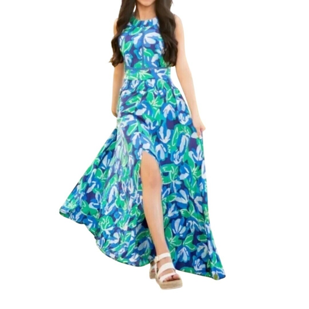 Abel The Label Anthropologie Halter Neck Bohemian Rumi Maxi Dress Blue Size M